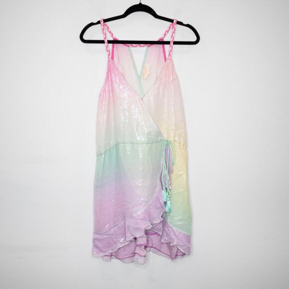 Rococo Sand Pax Wrap Mini Dress Tricolor Sequins Pastel Rainbow Racerback SZ L - Picture 3 of 11